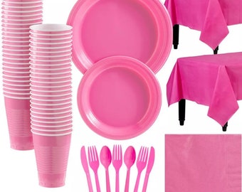Hot Pink Party Tableware Disposable Plastic Plates Cups Napkins Knife Spoon Fork Cutlery TableCover Soild Birthday Party Supplies Dinnerware