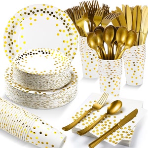 Stoviglie per feste in oro bianco Forniture di compleanno Stoviglie usa e getta Piatto di carta con punti dorati Tovagliolo Tazza Festa del lavoro Forniture per feste per adulti di Halloween