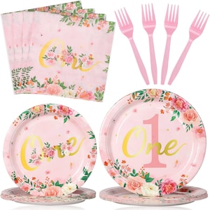 1st Party Tableware Birthday Decorations Kids Girls&#39; One Disposable Dinnerware First Year Floral Dishes Paper Plates Cups Cutlery Tablecloth
