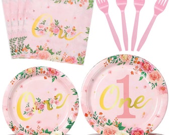 1st Party Tableware Birthday Decorations Kids Girls' One Disposable Dinnerware First Year Floral Dishes Paper Plates Cups Cutlery Tablecloth