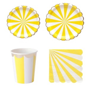 Stoviglie per feste a strisce gialle Compleanno Stoviglie usa e getta Piatti di carta Tovaglioli Tazze Cannucce Articoli per feste Baby Shower Decorazioni di nozze