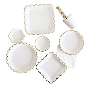 White Gold Party Tableware Disposable Paper Plates Cups Napkins Cutlery Solid Wave Square Birthday Party Supplies Dinnerware Decoration Set