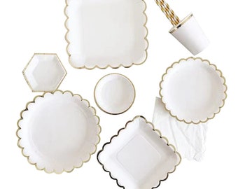 Vaisselle de fête en or blanc, assiettes en papier jetables, gobelets, serviettes, couverts, fournitures de fête d'anniversaire carrées à vagues solides, ensemble de décoration de vaisselle