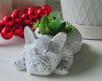 Frenchie Succulent Planter - Speckled Faux Concrete - Holder of Tiny Things - Non Draining Mini Plant Pot