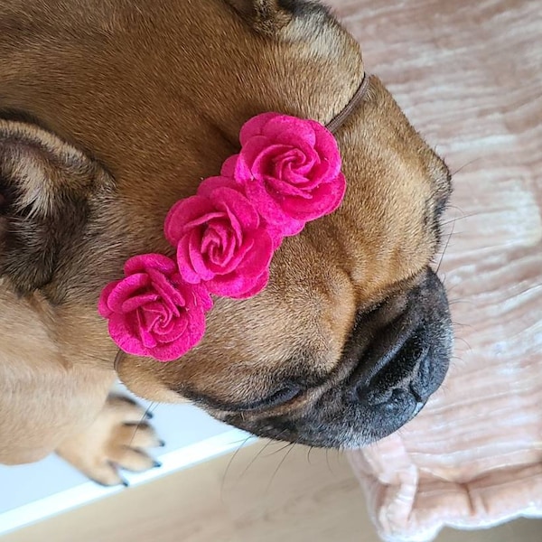 Diadema para cachorro con flor fucsia de color rosa intenso - Accesorios para perros Pretty Roses - Bulldogs & Bows