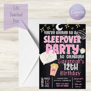 Sleepover Birthday Invitation/ Sleepover Party/ 12th Birthday Party/ Birthday Invitation Template/ Downloadable Invitation