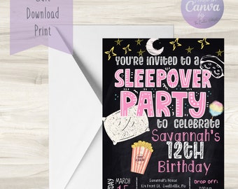 Sleepover Birthday Invitation/ Sleepover Party/ 12th Birthday Party/ Birthday Invitation Template/ Downloadable Invitation