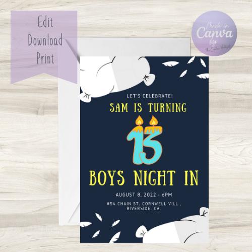 Boys 13th Sleepover Birthday Invitation/Celebrate turning 13 with a sleepover party with our editable template / Digital Download