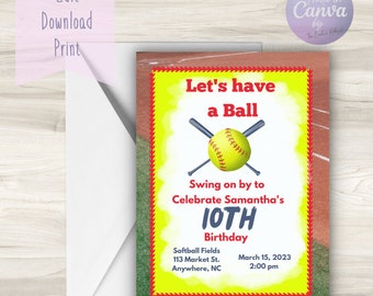 May include: A yellow and red baseball-themed birthday invitation with a softball and crossed bats. The text reads "Let's have a ball. Swing on by to celebrate Samantha's 10th Birthday. Softball Fields, 113 Market St., Anywhere, NC. March 15, 2023, 2:00 pm."