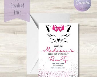 Cat Birthday Party Invitation, Pink Paw-ty, Editable Canva Template (Digital Download)