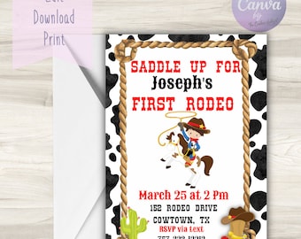 First Rodeo Birthday Invitation Template/ Cowboy themed Boys birthday party First Birthday for boy/ Rodeo Birthday Party Invitation Template