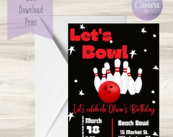 Op de afbeelding: Een zwarte en rode verjaardagsuitnodiging met een bowlingthema. De uitnodiging zegt "Let's Bowl" met een bowlingbal en kegels. De uitnodiging bevat de datum, tijd en locatie van het feest. De tekst zegt "Let's celebrate Oliver's Birthday. Saturday, March 18, 2:00 p.m. Beach Bowl, 15 Market St., Wilmington, NC. RSVP via text (910) 321-4444."