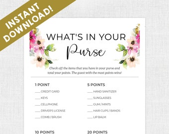 Bridal Shower Games / Instant Download /  Bridal Shower / Printable / Flowers / Floral / Purse Game / Whats In Your Purse / Wedding Shower
