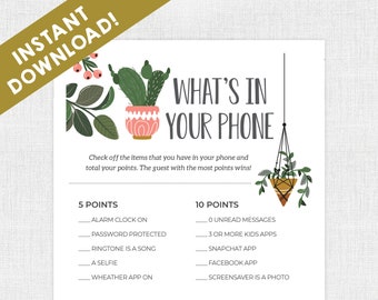 Bridal Shower Games / Instant Download /  Bridal Shower / Printable / Boho / Plants / Succulents / Whats In Your Phone / Wedding Shower