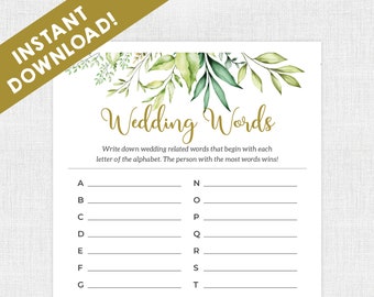 Wedding Words Game /  A to Z Wedding / Bridal Shower Games / Instant Download / Bridal Shower / Printable / Boho / Greenery Bridal Shower