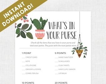 Brautparty Spiele / Instant Download / Bridal Shower / Printable / Boho / Pflanzen / Sukkulenten / Whats In Your Purse / Hochzeit