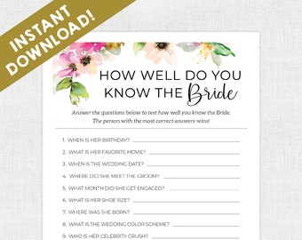 Bridal Shower Games / Instant Download /  Bridal Shower / Printable / Flowers / Floral / How well do you know the bride / Wedding Shower