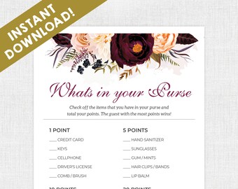 What's in Your Purse / Purse Bridal Game /  Bridal Shower Games / Instant Download / Bridal Shower / Printable / Boho / Bohemian Flowers