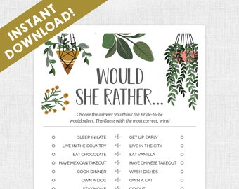 Bridal Shower Games / Instant Download /  Bridal Shower / Printable / Boho / Plants / Succulents / Would She Rather Game / Wedding