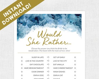Would She Rather / This or That / Beach Theme / Bridal Shower Games / Instant Download / Bridal Shower / Printable / Nautical / Watercolor
