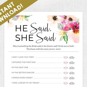 Bridal Shower Games / Instant Download / He Said She Said / Bridal Shower Game / Printable / Flowers / Floral / Who Said it / Wedding Shower