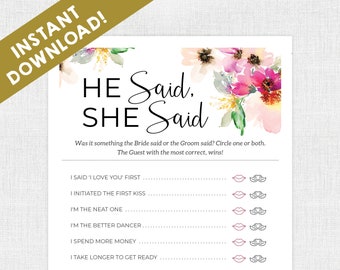 Bridal Shower Games / Instant Download / He Said She Said / Bridal Shower Game / Printable / Flowers / Floral / Who Said it / Wedding Shower