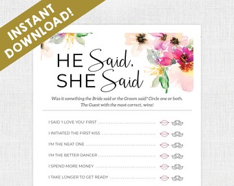 Juegos de despedida de soltera / Descarga instantánea / Él dijo que ella dijo / Juego de despedida de soltera / Imprimible / Flores / Floral / Quién lo dijo / Ducha de boda