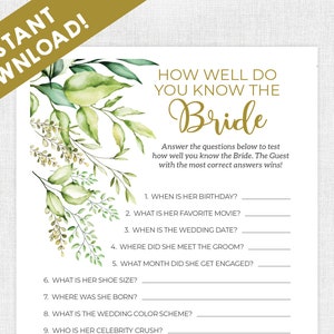 How Well Do You Know the Bride? / Quiz / Bridal Shower Games / Instant Download / Bridal Shower / Printable / Boho / Greenery Bridal Shower