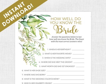 How Well Do You Know the Bride? / Quiz / Bridal Shower Games / Instant Download / Bridal Shower / Printable / Boho / Greenery Bridal Shower
