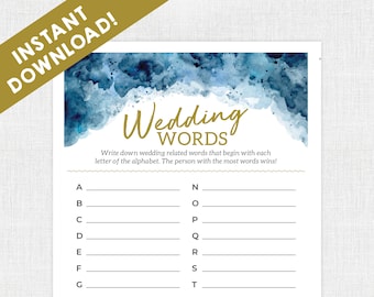 A-Z Wedding / Wedding Words Game / Bridal Shower Games / Instant Download / Bridal Shower / Printable / Nautical / Watercolor