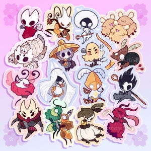 May include: A collection of colorful stickers featuring various cartoon characters with unique designs. The stickers showcase a variety of creatures in different poses and styles, with a soft, pastel background. The stickers are outlined in white.
