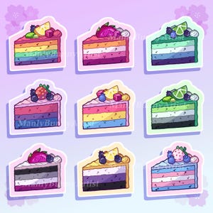 May include: Nine colorful cake slices with different fruit toppings. Each slice is decorated with a different color scheme representing various pride flags.