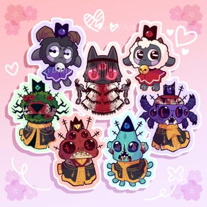 May include: Seven colorful cartoon characters with different animal features, wearing black and gold robes with a crown on their heads. The characters are on a pink background with white hearts.