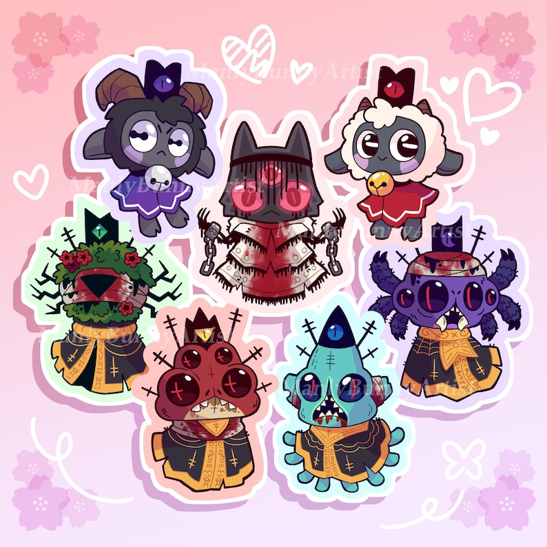 May include: Seven colorful cartoon characters with different animal features, wearing black and gold robes with a crown on their heads. The characters are on a pink background with white hearts.