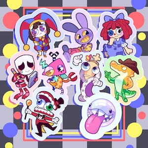 May include: A collection of nine cartoon character stickers featuring a jester, a purple rabbit, a doll with button eyes, a masked figure with a pencil, a pink creature, a worm-like character, a crocodile in a hat, a ringmaster, and a toothy orb.