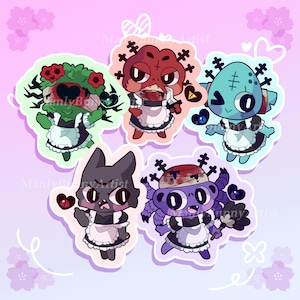 May include: Five colorful cartoon characters dressed as maids. Each character has a different color scheme and unique features. The characters are set against a pink background with white flowers.