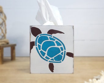 Sea Turtle Tissue Box Cover / Coastal Farmhouse Wooden Tissue Box / Rustic Square Tissue Holder for Beach Lover Gift