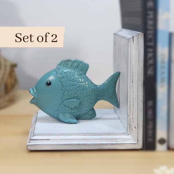Beach House Book Ends with Rustic Turquoise Fish / Tropical Ocean Bookends for Book Shelf, or Unique Handmade Nautical Nursery Decor