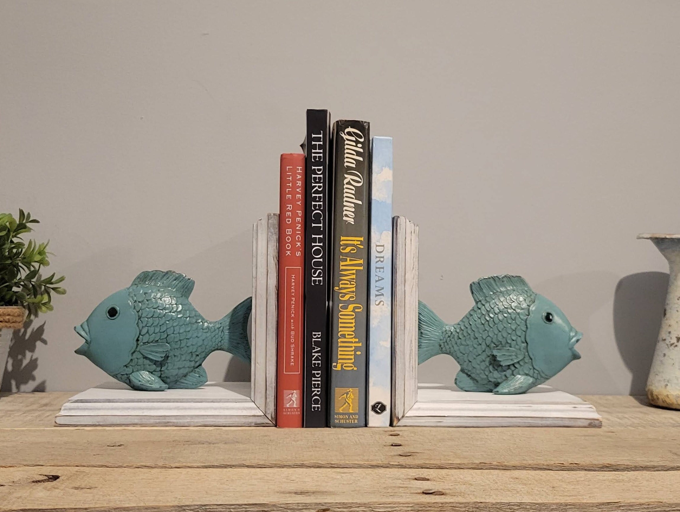 Beach House Book Ends With Rustic Turquoise Fish / Tropical Ocean