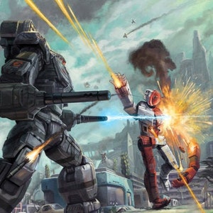 May include: A gray and white robot with a large gun is firing at a red and white robot. The red robot is surrounded by an explosion of orange and yellow light. The robots are fighting in a futuristic city setting.