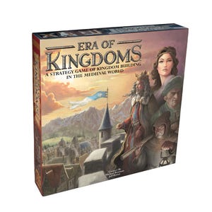 May include: A board game box titled "ERA OF KINGDOMS" with medieval-themed artwork. The box features illustrations of a king, queen, and other figures, with a castle and flag in the background. The text reads "A STRATEGY GAME OF KINGDOM BUILDING IN THE MEDIEVAL WORLD."