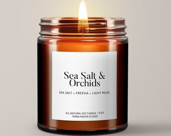 Sea Salt & Orchids Scented Candle | Soy Wax Candle | All Natural Candle | Candles In Jars | Essential Oil Candles