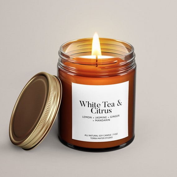 White Tea & Citrus Scented Candle Soy Wax Candle Essential Oil Candle All  Natural Candle 