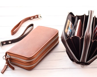 Womens wallet clutch/PERSONALIZED wallet men/Leather wristlet wallet/4 types x 9 colors/Full grain leather