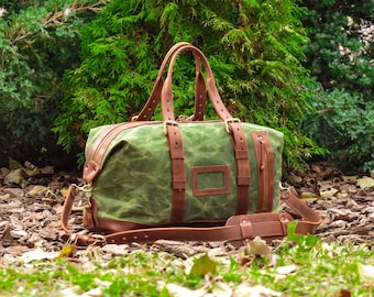 Wax Canvas Distressed Leather Holdall/Waterproof Waxed Duffle Bag | GreenDuffel Bags Holdalls for Man or Woman