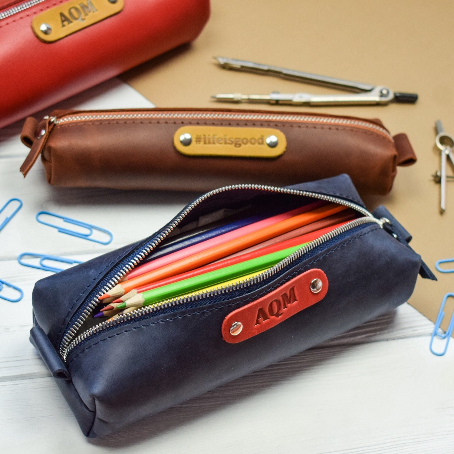 Personalized Leather pencil case/Pencil pouch/Leather zipper pouch/PE…