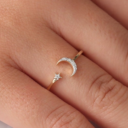 Diamond Moon and Star Ring / Celestial Jewelry / Crescent Moon Etsy