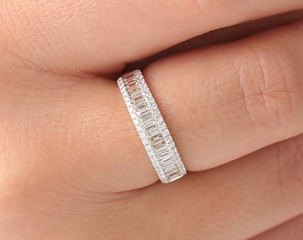 Baguette Diamond Anniversary Ring 14k Gold Half Eternity Baguette and Round Brilliant Micro Pave Cocktail Ring/ Diamond Wedding Band