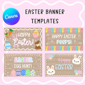 May include: Easter banner templates with various designs. The templates include phrases like "Happy Easter" and "Egg Hunt", along with Easter-themed graphics such as bunnies, eggs, and chicks. The Canva logo is visible in the upper left corner.