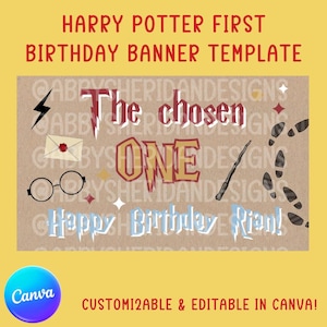 May include: A customizable Harry Potter-themed first birthday banner template. The design features the words "The Chosen One" and "Happy Birthday Rian!" along with iconic imagery like glasses, a wand, and footprints. The banner is editable in Canva.